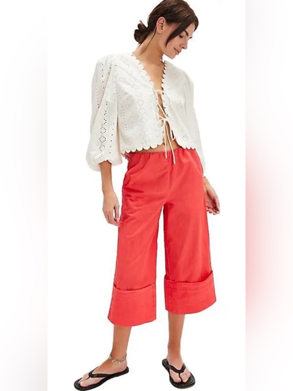 NWT Free People M Lula Cuff Pants in Flame Red Cropped Stretch Pockets New $78 - Picture 4 of 7